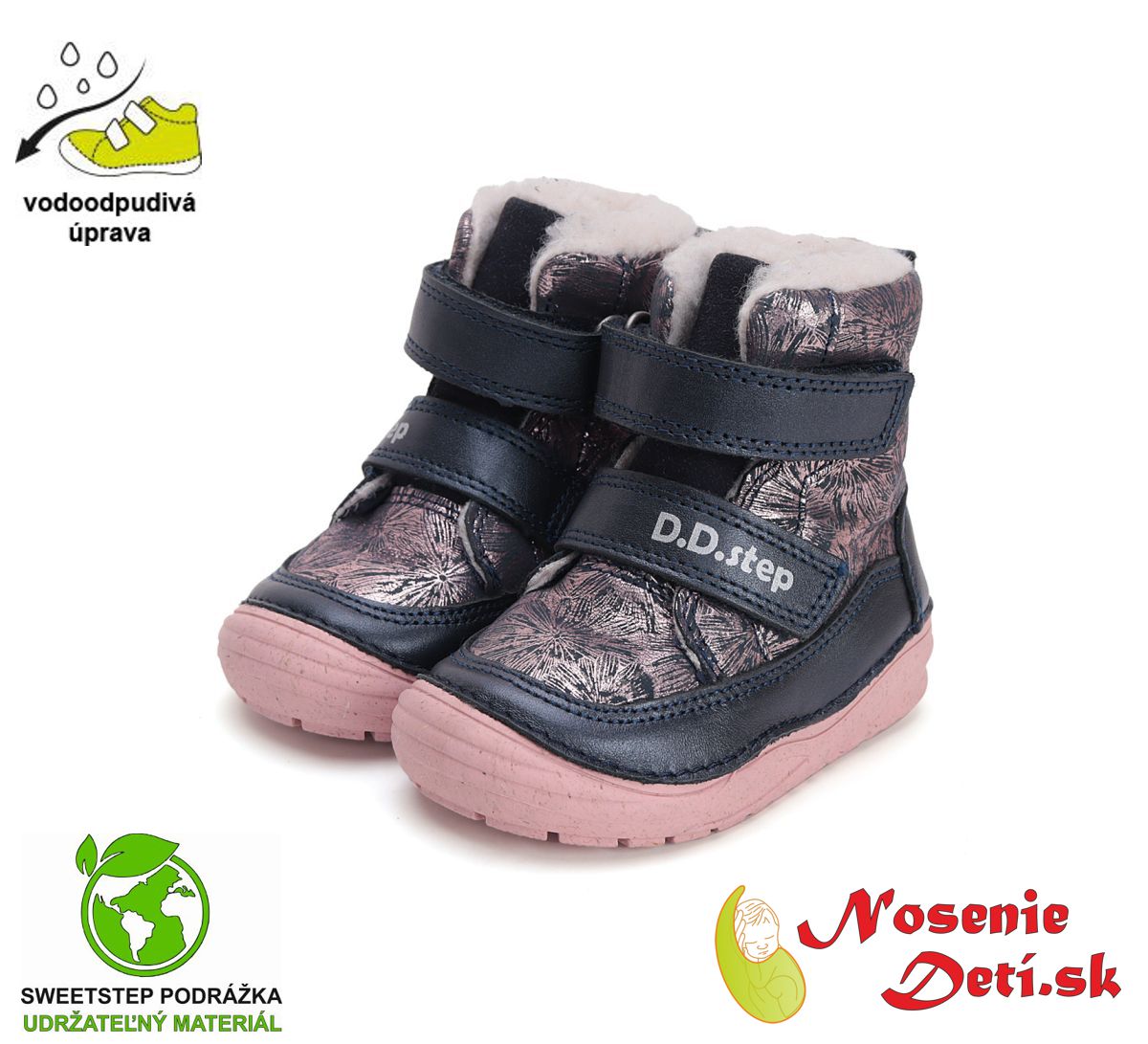 Dívčí zimní kožené boty kozačky D.D. Step Metallic Pink 071-42895